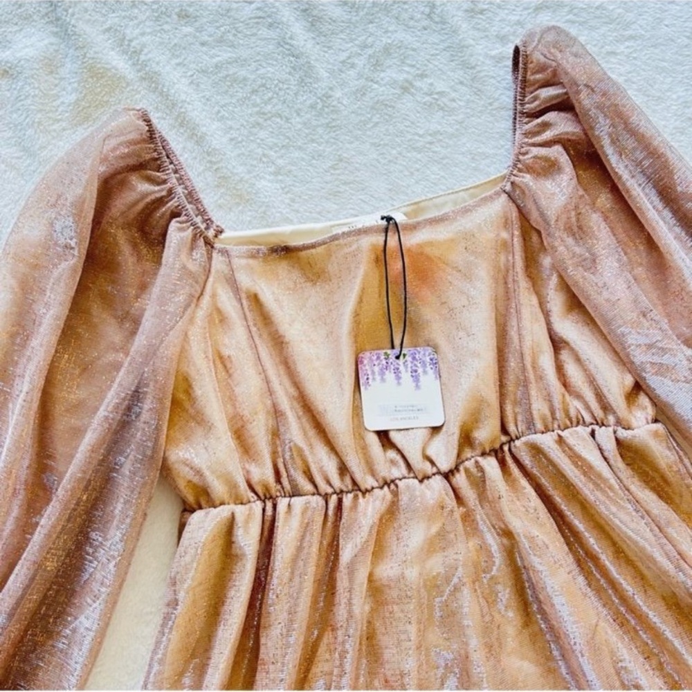 NWT Small Wisteria Lane for Anthropologie Gold Glitter Shimmer Babydoll Dress - Picture 3 of 7